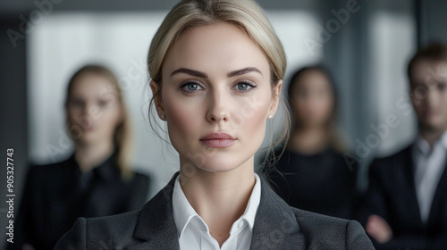 Wallpaper Mural Confident Young Professional A Successful and Good-Looking Woman Team Leader Start-up CEO Lawyer or Boss in an Office Setting Exemplifying Leadership and Professionalism with Her Team in the Back Torontodigital.ca