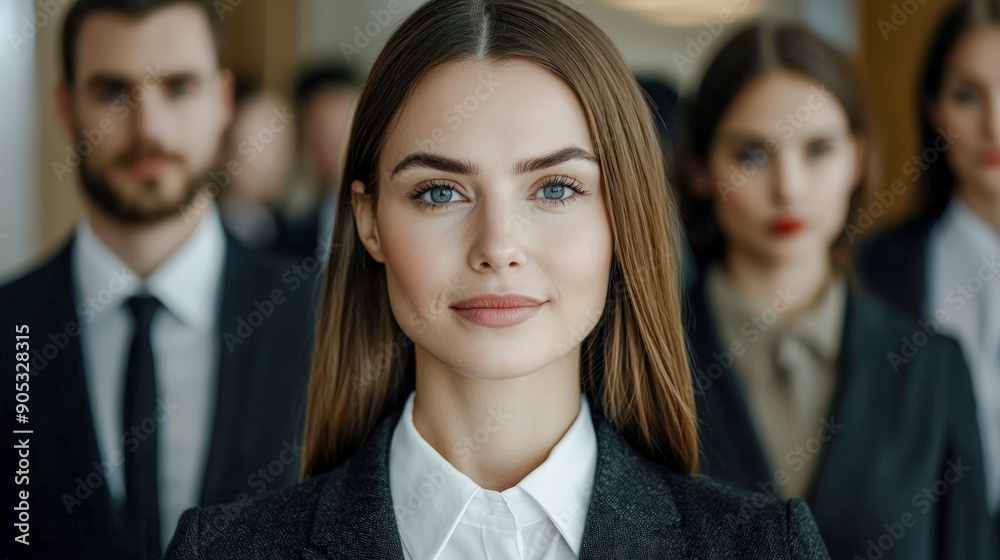 Confident Young Professional A Successful and Good-Looking Woman Team Leader Start-up CEO Lawyer or Boss in an Office Setting Exemplifying Leadership and Professionalism with Her Team in the Back