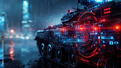 A futuristic tank with a red and blue design is shown in a city setting