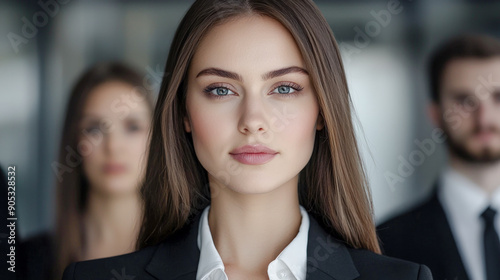 Wallpaper Mural Confident Young Professional A Successful and Good-Looking Woman Team Leader Start-up CEO Lawyer or Boss in an Office Setting Exemplifying Leadership and Professionalism with Her Team in the Back Torontodigital.ca