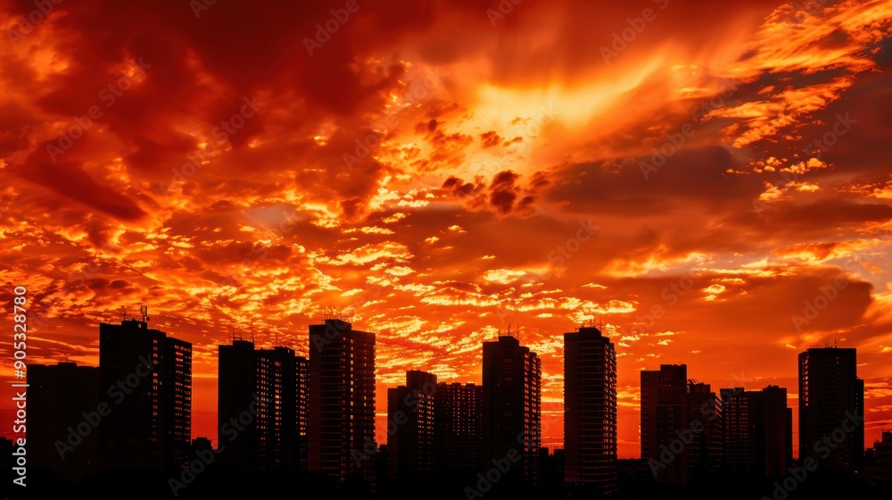 Fototapeta premium Dramatic Cityscape Silhouette Against Fiery Sky at Sunset.