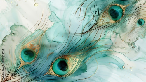 Stunningly Elegant Abstract Peacock Feathers Designed with Beautiful Aqua and Gold Tones