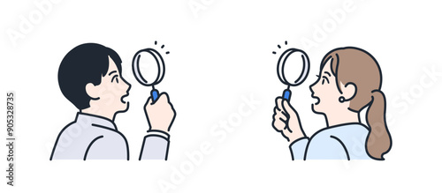 虫眼鏡を覗く若いビジネスパーソンのカラーイラストセット