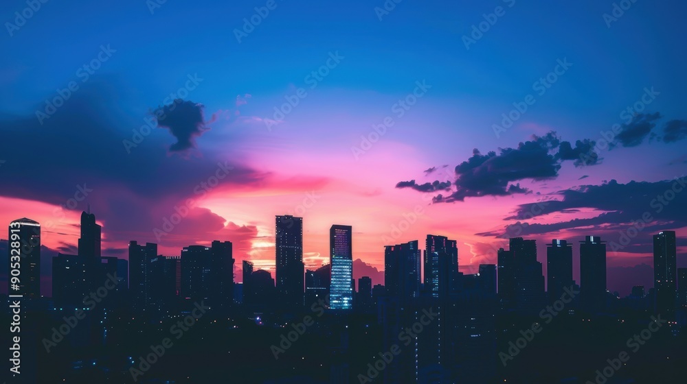 Majestic Silhouette of Modern Skyline Against Twilight Sky Majestic Silhouette of Modern Skyline Against Twilight Sky