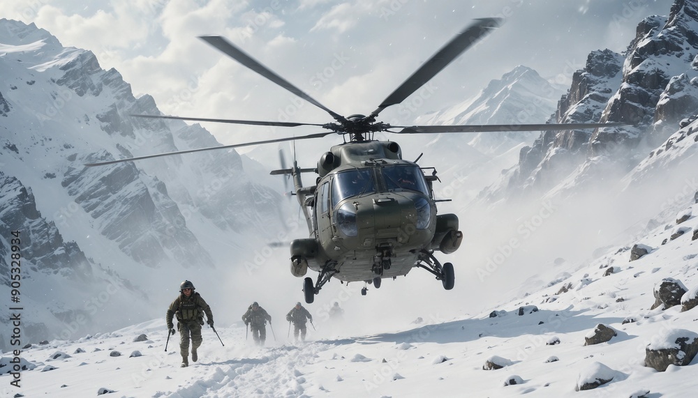 Obraz premium A military helicopter flies low over a snowy mountain pass in a snowstorm. Two soldiers disembark into the deep snow, quickly setting up a perimeter as heavy snow and dark clouds surround them.