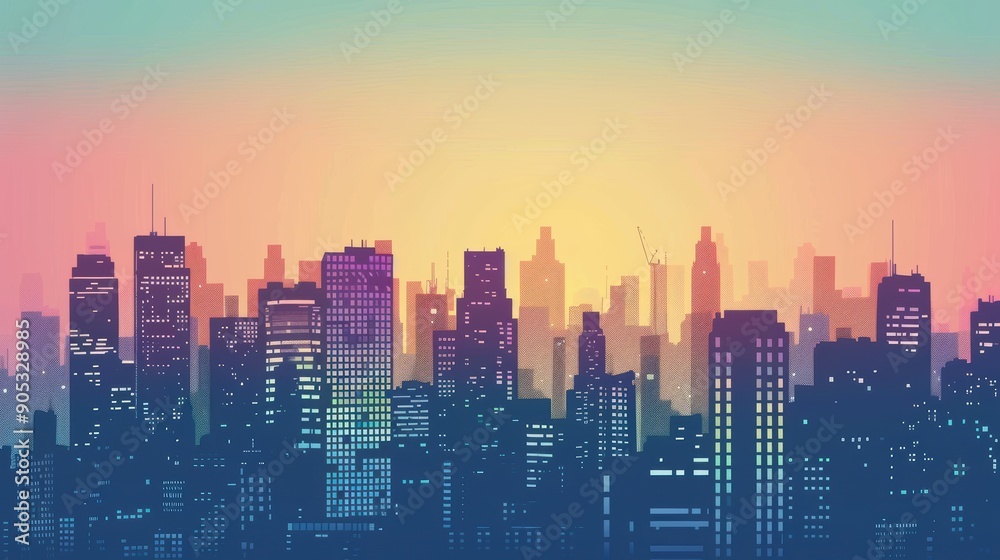 Serene Cityscape Silhouette Against Pastel Sky at Twilight Serene Cityscape Silhouette Against Pastel Sky at Twilight