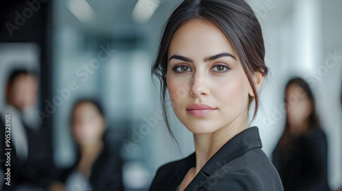 Wallpaper Mural Confident Young Professional A Successful and Good-Looking Woman Team Leader Start-up CEO Lawyer or Boss in an Office Setting Exemplifying Leadership and Professionalism with Her Team in the Back Torontodigital.ca