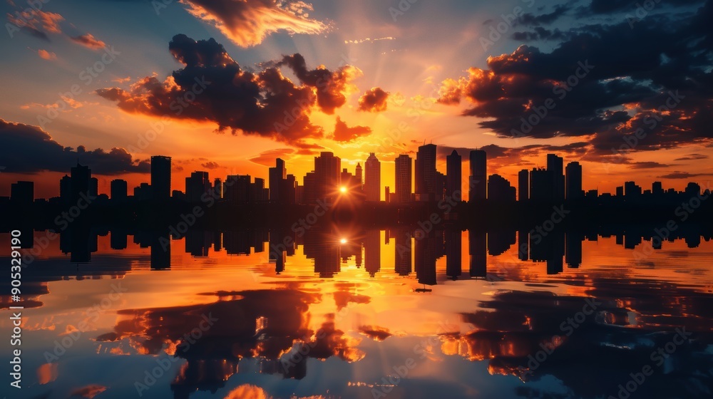 Obraz premium Urban Silhouette at Sunset: City Buildings Reflecting the Evening Sky
