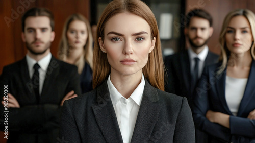 Confident Young Professional A Successful and Good-Looking Woman Team Leader Start-up CEO Lawyer or Boss in an Office Setting Exemplifying Leadership and Professionalism with Her Team in the Back