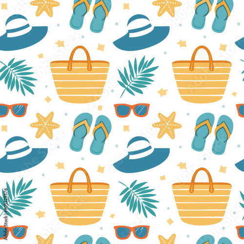 Summer Vibes sunglasses sea star flipflops beach hat seamless pattern illustration