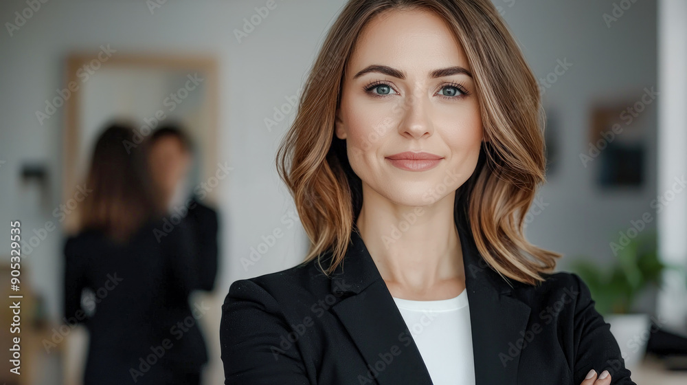 Confident Young Professional A Successful and Good-Looking Woman Team Leader Start-up CEO Lawyer or Boss in an Office Setting Exemplifying Leadership and Professionalism with Her Team in the Back