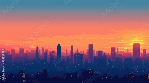 Serene Twilight Cityscape Silhouette - Calm Urban Horizon in Dusk Light © Palathon