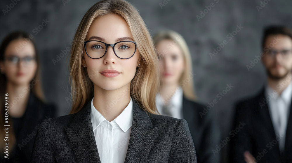 Confident Young Professional A Successful and Good-Looking Woman Team Leader Start-up CEO Lawyer or Boss in an Office Setting Exemplifying Leadership and Professionalism with Her Team in the Back Confident Young Professional A Successful and Good-Looking Woman Team Leader Start-up CEO Lawyer or Boss in an Office Setting Exemplifying Leadership and Professionalism with Her Team in the Back