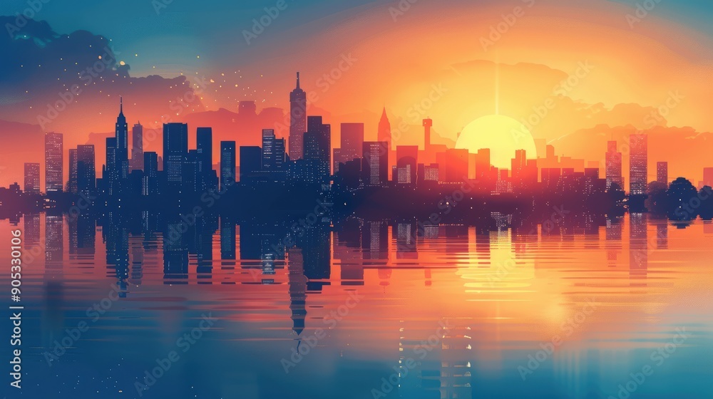 Tranquil Cityscape Silhouetted by River Reflections at Dusk