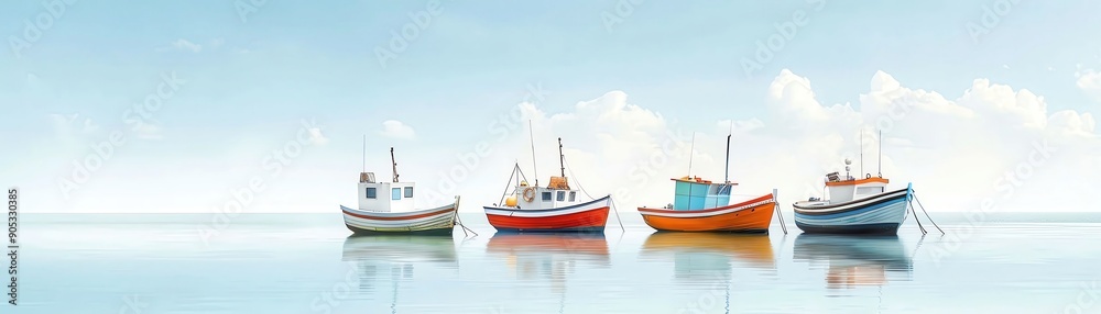 Four colorful fishing boats reflected in calm water on a sunny day, with a clear blue sky and fluffy clouds in the background. Four colorful fishing boats reflected in calm water on a sunny day, with a clear blue sky and fluffy clouds in the background.