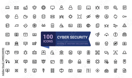 Set of Cyber security web icons in line style. Related to Guard, password, safety, key, shield. Minimalist thin linear web ui icon set. Simple editable vector stroke illustration.