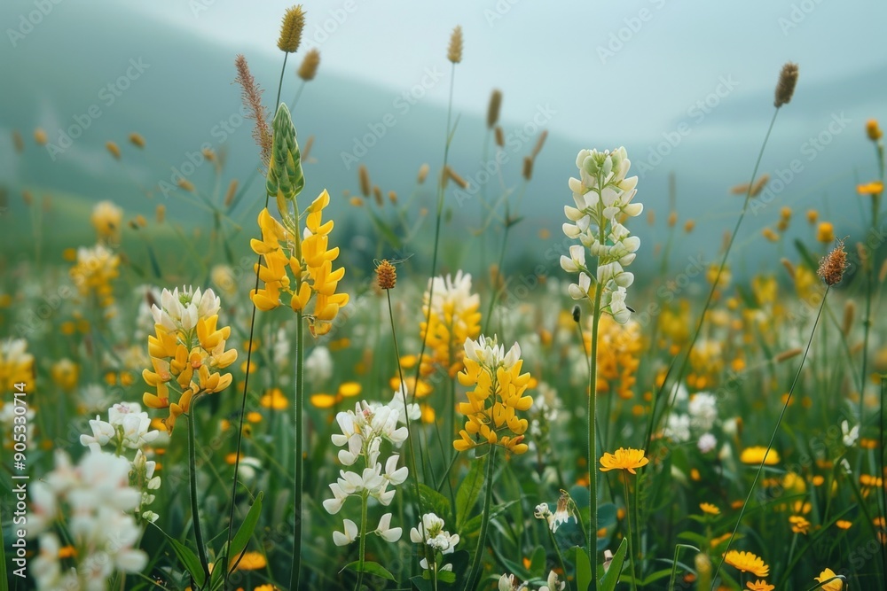 Fototapeta premium Sweeping Meadowscape of Wildflowers in Full Bloom, a Tranquil Outdoor Nature Scene Capturing the Essence of Natural Beauty.