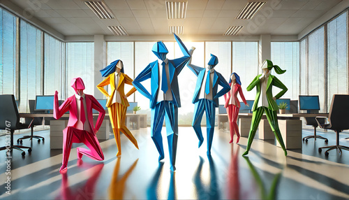 Dynamic Origami Office Team: Colorful Paper Figures in a Modern Professional Workspace