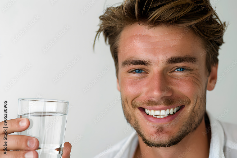 Close up handsome smiling young man holding glass of water isolated on white background Close up handsome smiling young man holding glass of water isolated on white background