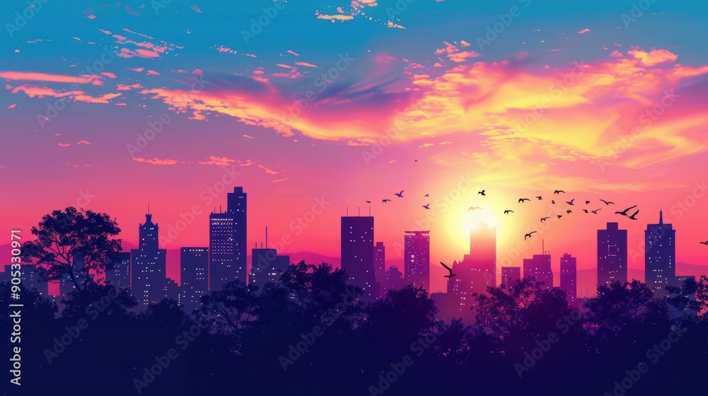 Urban Sunset Silhouette - Cityscape in Dramatic Twilight Colors Urban Sunset Silhouette - Cityscape in Dramatic Twilight Colors