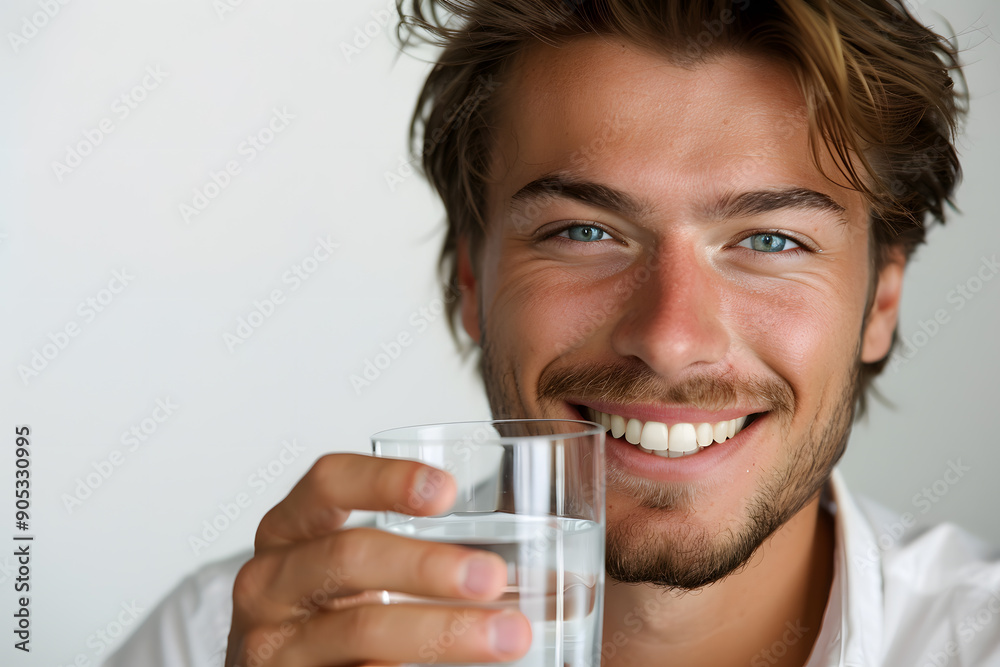 Close up handsome smiling young man holding glass of water isolated on white background Close up handsome smiling young man holding glass of water isolated on white background