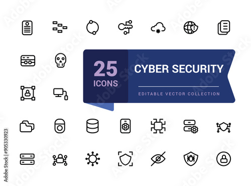 Set of Cyber security web icons in line style. Related to Guard, password, safety, key, shield. Minimalist thin linear web ui icon set. Simple editable vector stroke illustration.