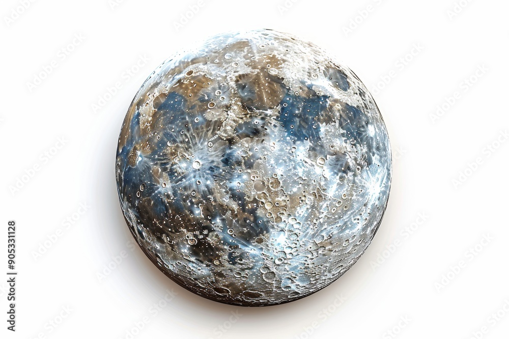 Realistic illustration of the moon on clean white background. Detailed textures with visible craters and shadows. Realistic illustration of the moon on clean white background. Detailed textures with visible craters and shadows.