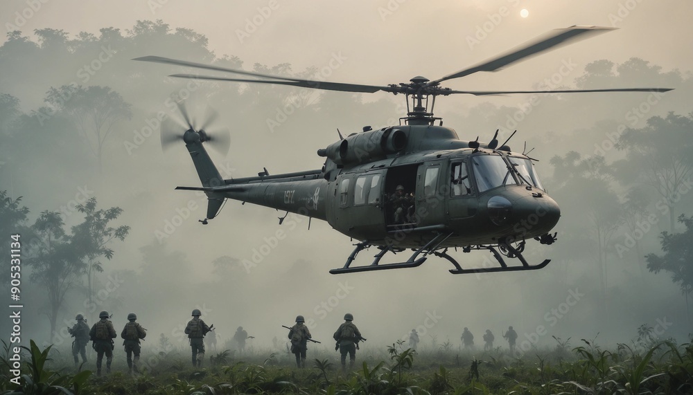 A military helicopter hovering above a dense Vietnamese jungle in heavy rain, with soldiers rappelling down into the thick greenery below.
A military helicopter hovering above a dense Vietnamese jungle in heavy rain, with soldiers rappelling down into the thick greenery below.
