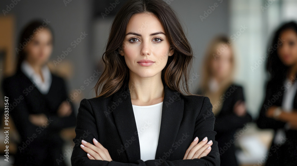 Confident Young Professional A Successful and Good-Looking Woman Team Leader Start-up CEO Lawyer or Boss in an Office Setting Exemplifying Leadership and Professionalism with Her Team in the Back Confident Young Professional A Successful and Good-Looking Woman Team Leader Start-up CEO Lawyer or Boss in an Office Setting Exemplifying Leadership and Professionalism with Her Team in the Back