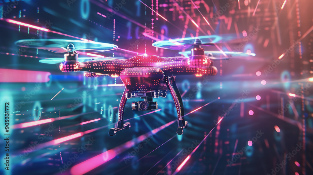 A drone navigates through a virtual space filled with glowing digital networks, highlighting the interaction of technology with virtual environments A drone navigates through a virtual space filled with glowing digital networks, highlighting the interaction of technology with virtual environments