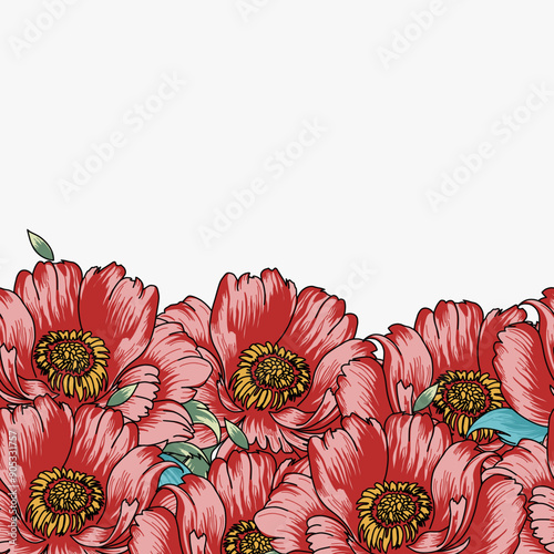 seamless floral border, a background with several blooming pink peonies that lie in a horizontal stripe from below. vector illustration of postcards, invitations. isolated on a white background