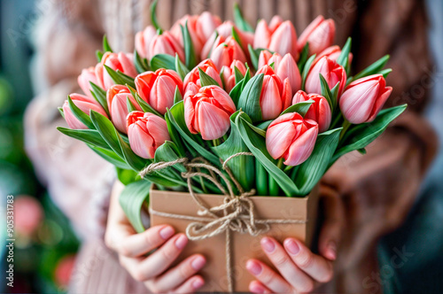 Mains qui tiennent une boîte contenant un bouquet de tulipes comme cadeau pour la Fête des mères photo