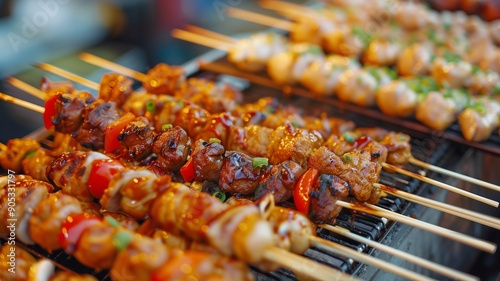 satay meat being heated for sale photo