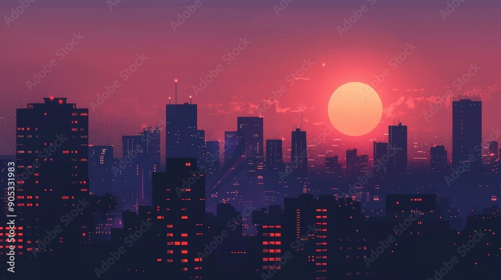 Tranquil Evening Silhouette of Urban Cityscape at Dusk Tranquil Evening Silhouette of Urban Cityscape at Dusk
