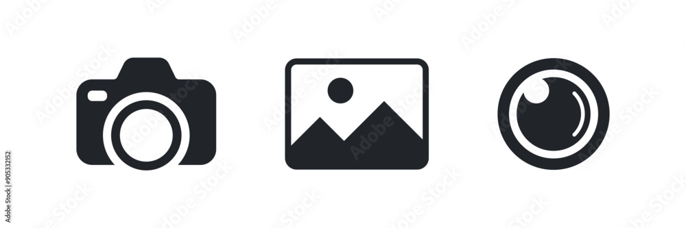 Simple illustrations of camera, photo picture and professional lens. Media set. Vector icons in flat style