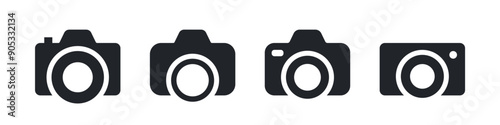 Simple set of photo cameras illustrations. Black pictures of equipment on white background. Vector icons in flat style