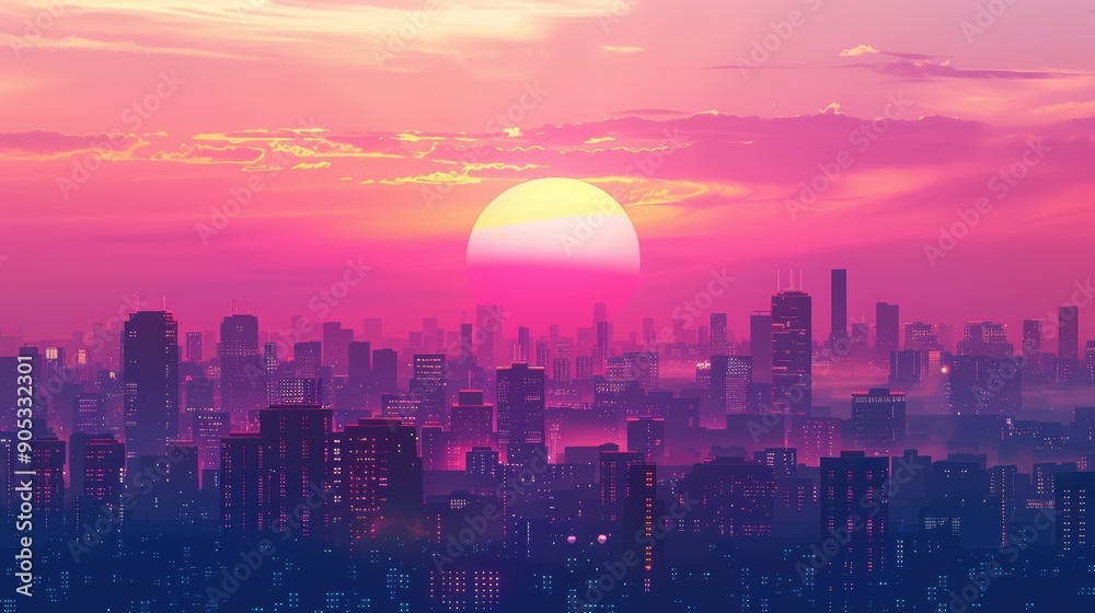 Tranquil City Silhouette at Pink Sunset - Urban Skyline in Twilight Gradient with Vibrant Colors and Serene Evening Atmosphere Tranquil City Silhouette at Pink Sunset - Urban Skyline in Twilight Gradient with Vibrant Colors and Serene Evening Atmosphere