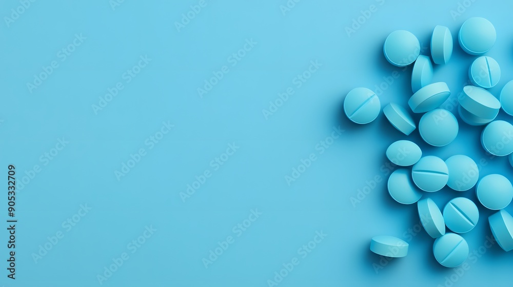 Blue pills scattered on a blue background. Blue pills scattered on a blue background.
