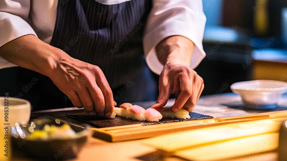 A chef carefully prepares a row of sushi. A chef carefully prepares a row of sushi.