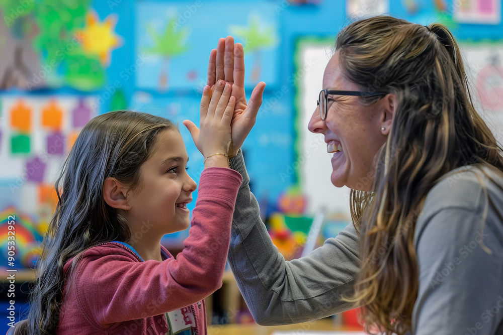 A happy elementary school teacher gives a high-five to a smiling student during class.