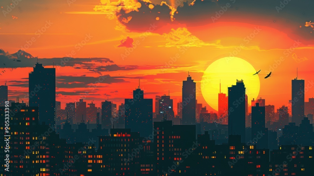 Fototapeta premium Silhouette of urban buildings with sunset colors