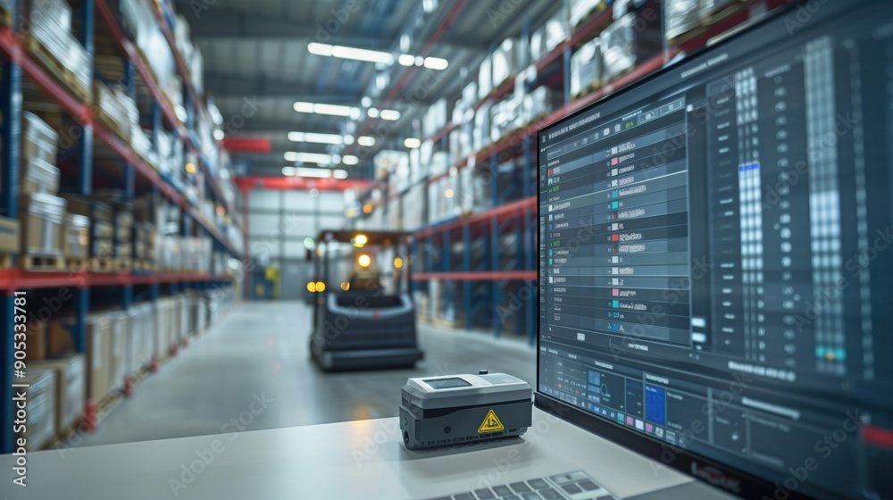 Warehouse inventory management software. Monitor displaying inventory management software, set in a warehouse with shelves filled with goods, emphasizing modern logistics and stock control. Warehouse inventory management software. Monitor displaying inventory management software, set in a warehouse with shelves filled with goods, emphasizing modern logistics and stock control.