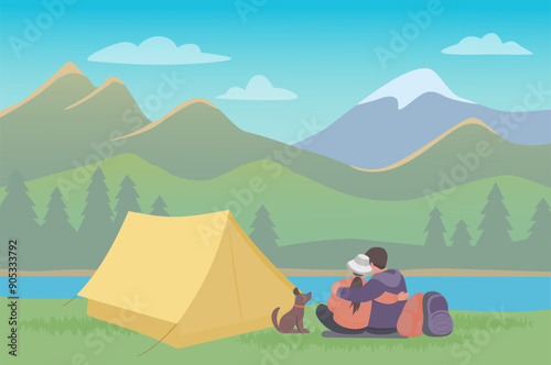 Travelers man and woman sit next to the tent enjoying  landscape with mountains, lake and forest. Vector color illustration in flat style.