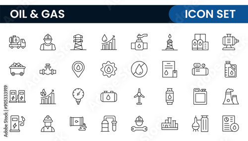 Set of Oil Gas Industry Line Icons. Contains such Icons as Gas Station, Oil Factories, Transportation, and more. line icon set.