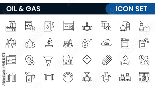 Set of Oil Gas Industry Line Icons. Contains such Icons as Gas Station, Oil Factories, Transportation, and more. line icon set.