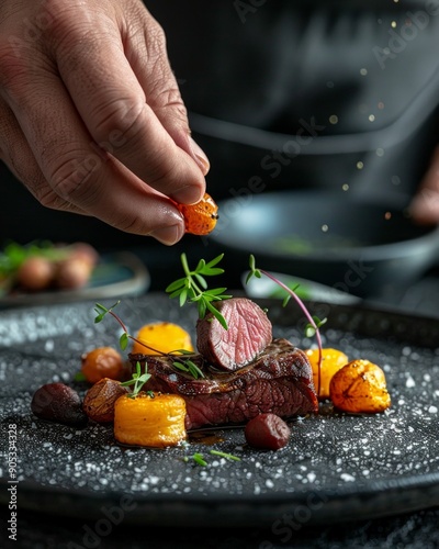 Fototapeta Naklejka Na Ścianę i Meble -  Chef plating gourmet dish with precision. The stylish presentation and elegant food arrangement exude fine dining art. Perfect for culinary blogs and restaurant promotions. AI