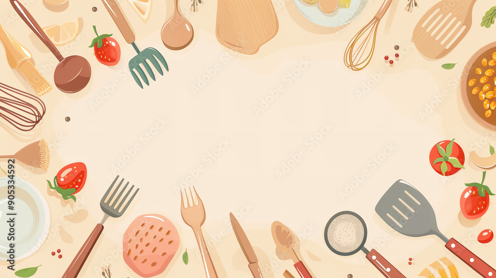 banner for a successful YouTube channel on culinary topics. Beige background color, around the entire banner illustration of cooking utensils