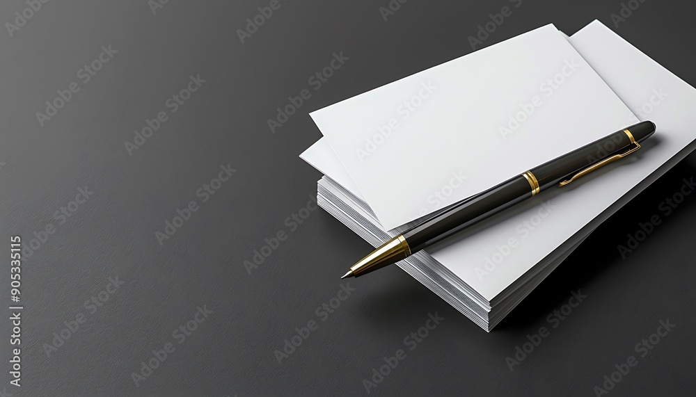 Solid Gray Background with Stack of Business Cards and Pen, Ample Copy Space Solid Gray Background with Stack of Business Cards and Pen, Ample Copy Space