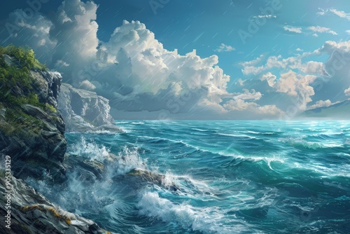 a painting of the ocean with a cliff in the foreground