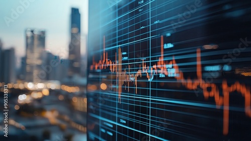 Stock market data analysis showing financial graph on a digital screen with a city skyline in the background.
